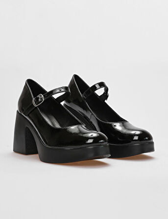 Cabani Hakiki Deri Siyah Rugan Kadın Kalın Topuklu Ayakkabı