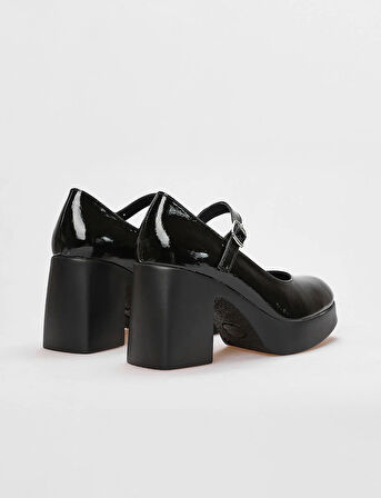 Cabani Hakiki Deri Siyah Rugan Kadın Kalın Topuklu Ayakkabı