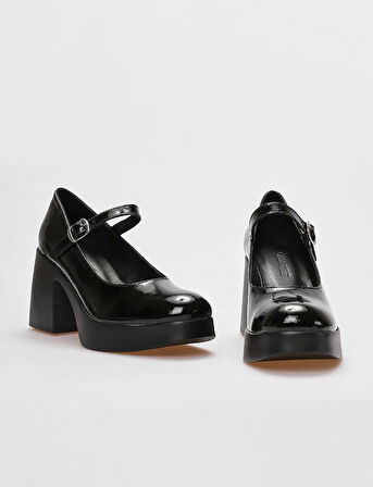 Cabani Hakiki Deri Siyah Rugan Kadın Kalın Topuklu Ayakkabı