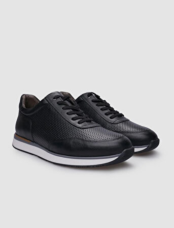 %100 Hakiki Deri Siyah Bağcıklı Erkek Sneaker
