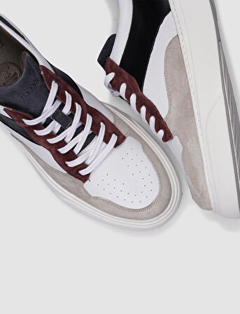 %100 Hakiki Deri Bej-Siyah Bağcıklı Erkek Sneaker