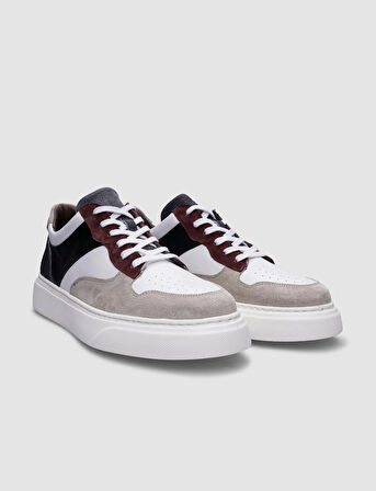 %100 Hakiki Deri Bej-Siyah Bağcıklı Erkek Sneaker