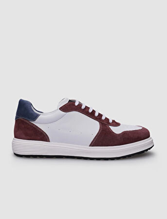 %100 Hakiki Deri Beyaz - Bordo Bağcıklı Erkek Sneaker