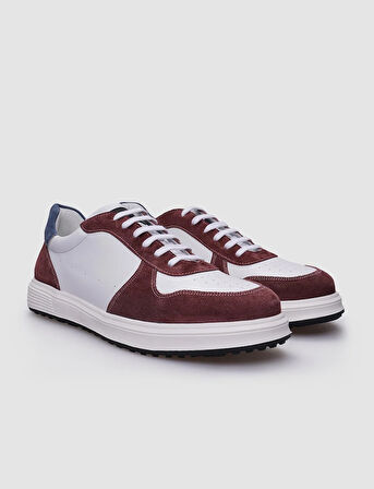 %100 Hakiki Deri Beyaz - Bordo Bağcıklı Erkek Sneaker