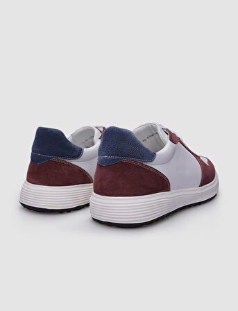 %100 Hakiki Deri Beyaz - Bordo Bağcıklı Erkek Sneaker