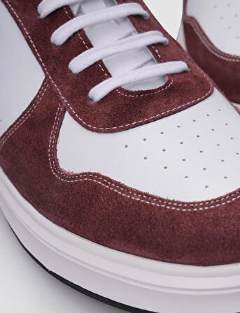 %100 Hakiki Deri Beyaz - Bordo Bağcıklı Erkek Sneaker