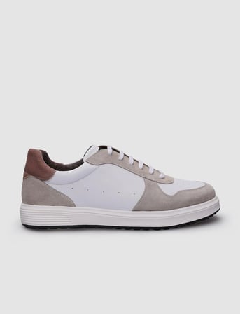 %100 Hakiki Deri Beyaz - Bej Süet Bağcıklı Erkek Sneaker