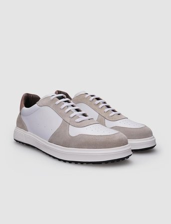 %100 Hakiki Deri Beyaz - Bej Süet Bağcıklı Erkek Sneaker