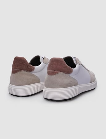 %100 Hakiki Deri Beyaz - Bej Süet Bağcıklı Erkek Sneaker