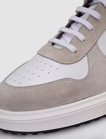 %100 Hakiki Deri Beyaz - Bej Süet Bağcıklı Erkek Sneaker