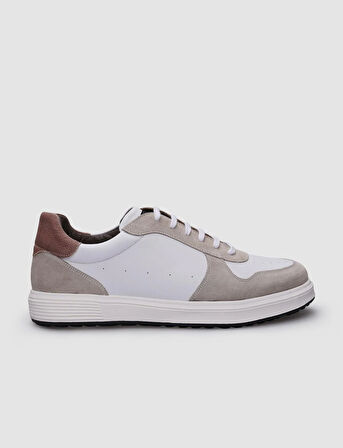 %100 Hakiki Deri Beyaz - Bej Süet Bağcıklı Erkek Sneaker