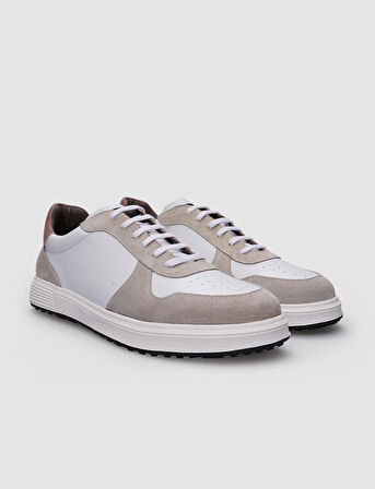%100 Hakiki Deri Beyaz - Bej Süet Bağcıklı Erkek Sneaker