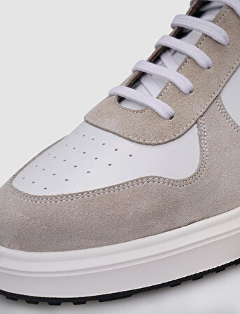 %100 Hakiki Deri Beyaz - Bej Süet Bağcıklı Erkek Sneaker