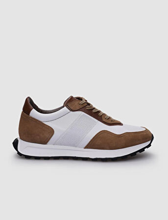 %100 Hakiki Deri Beyaz - Taba Süet Bağcıklı Erkek Spor Ayakkabı