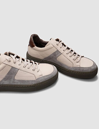 %100 Hakiki Deri Bej Bağcıklı Erkek Spor Ayakkabı