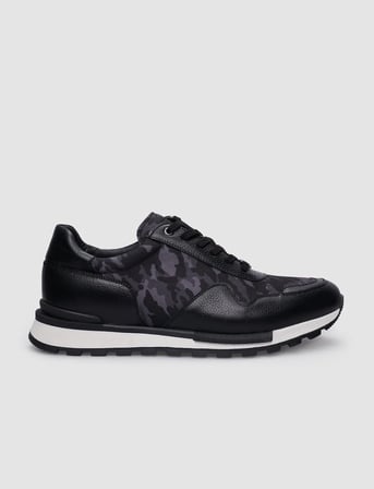 %100 Hakiki Deri Siyah Bağcıklı Kamuflaj Desenli Erkek Sneaker