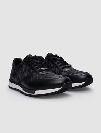 %100 Hakiki Deri Siyah Bağcıklı Kamuflaj Desenli Erkek Sneaker