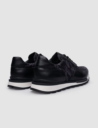 %100 Hakiki Deri Siyah Bağcıklı Kamuflaj Desenli Erkek Sneaker