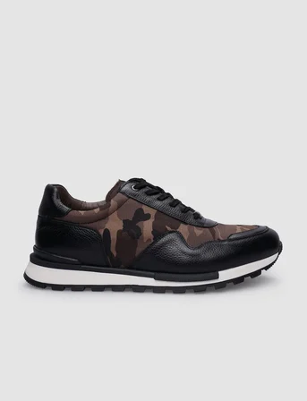 %100 Hakiki Deri Siyah Bağcıklı Kamuflaj Desenli Erkek Sneaker