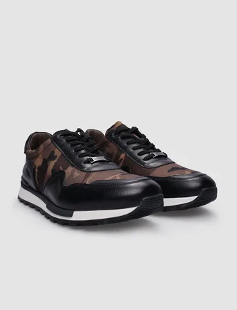 %100 Hakiki Deri Siyah Bağcıklı Kamuflaj Desenli Erkek Sneaker