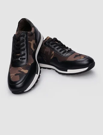 %100 Hakiki Deri Siyah Bağcıklı Kamuflaj Desenli Erkek Sneaker