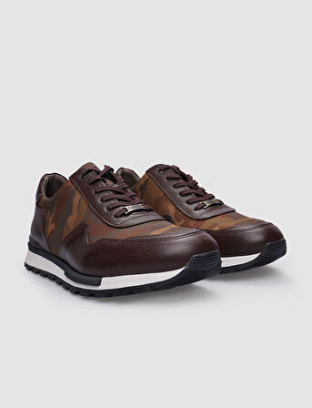 %100 Hakiki Deri Kahverengi Bağcıklı Kamuflaj Desenli Erkek Sneaker