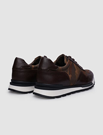 %100 Hakiki Deri Kahverengi Bağcıklı Kamuflaj Desenli Erkek Sneaker