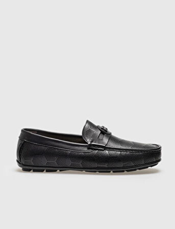 Hakiki Deri Siyah Desenli Tokalı Erkek Bağcıksız Loafer