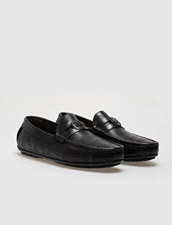 Hakiki Deri Siyah Desenli Tokalı Erkek Bağcıksız Loafer