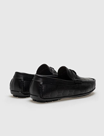 Hakiki Deri Siyah Desenli Tokalı Erkek Bağcıksız Loafer