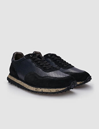 %100 Hakiki Deri Siyah Süet - Füme Bağcıklı Erkek Sneaker