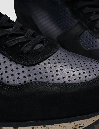 %100 Hakiki Deri Siyah Süet - Füme Bağcıklı Erkek Sneaker