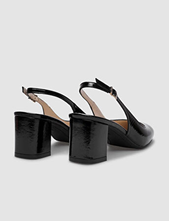 Cabani Hakiki Deri Siyah Rugan Arkası Açık Kadın Topuklu Ayakkabı