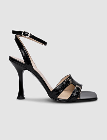 Cabani %100 Hakiki Deri Siyah Rugan Tokalı Kadın Topuklu Ayakkabı