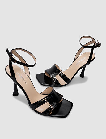 Cabani %100 Hakiki Deri Siyah Rugan Tokalı Kadın Topuklu Ayakkabı