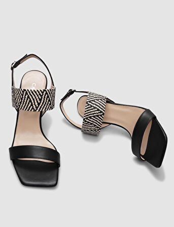 Cabani %100 Hakiki Deri Siyah Ekose Desenli Kadın Topuklu Ayakkabı
