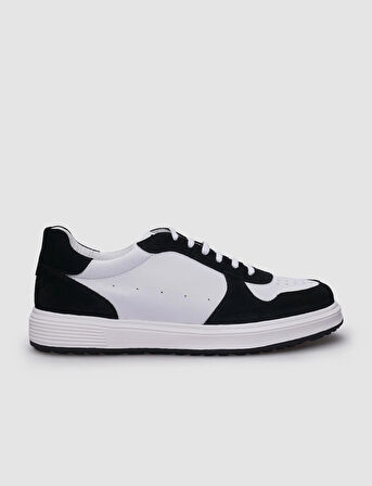 %100 Hakiki Deri Beyaz - Siyah Bağcıklı Erkek Sneaker
