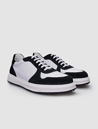 %100 Hakiki Deri Beyaz - Siyah Bağcıklı Erkek Sneaker
