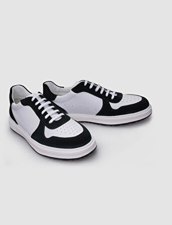 %100 Hakiki Deri Beyaz - Siyah Bağcıklı Erkek Sneaker