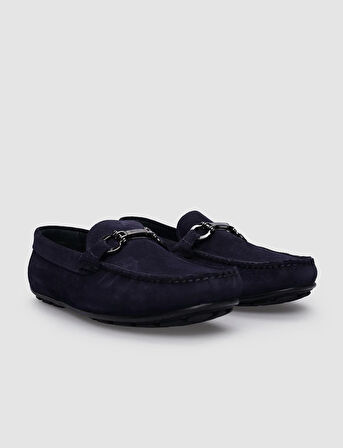 %100 Hakiki Deri Lacivert Süet Tokalı Erkek Loafer