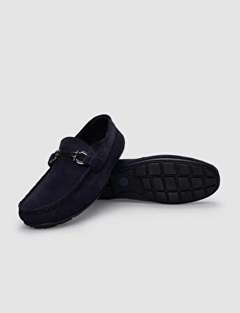 %100 Hakiki Deri Lacivert Süet Tokalı Erkek Loafer