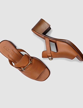 %100 Hakiki Deri Taba Kadın Kalın Topuklu Terlik