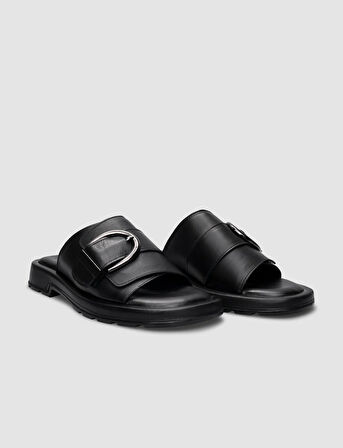 %100 Hakiki Deri Siyah Tokalı Kadın Terlik