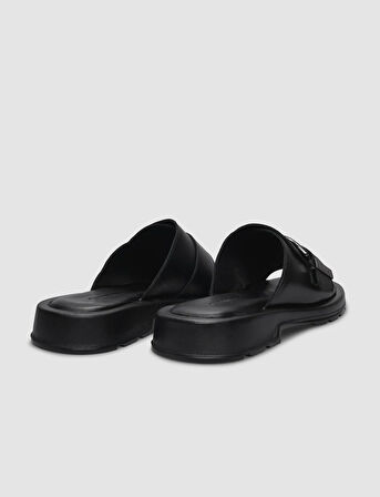 %100 Hakiki Deri Siyah Tokalı Kadın Terlik