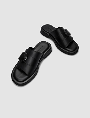 %100 Hakiki Deri Siyah Tokalı Kadın Terlik