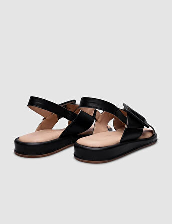 %100 Hakiki Deri Siyah Tokalı Kadın Günlük Sandalet