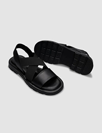 %100 Hakiki Deri Siyah Lastikli Kadın Sandalet