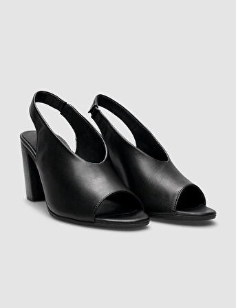 %100 Hakiki Deri Siyah Arkadan Lastikli Kadın Topuklu Sandalet