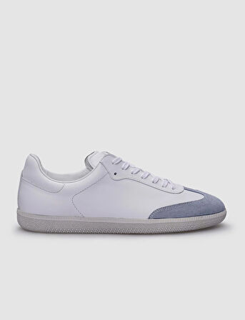 %100 Hakiki Deri Beyaz - Mavi Süet Bağcıklı Erkek Sneaker