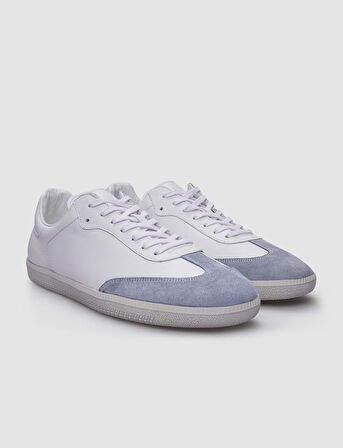 %100 Hakiki Deri Beyaz - Mavi Süet Bağcıklı Erkek Sneaker